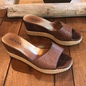 Prada, Ostrich Leather Wedge Sandals, Size 7(37)